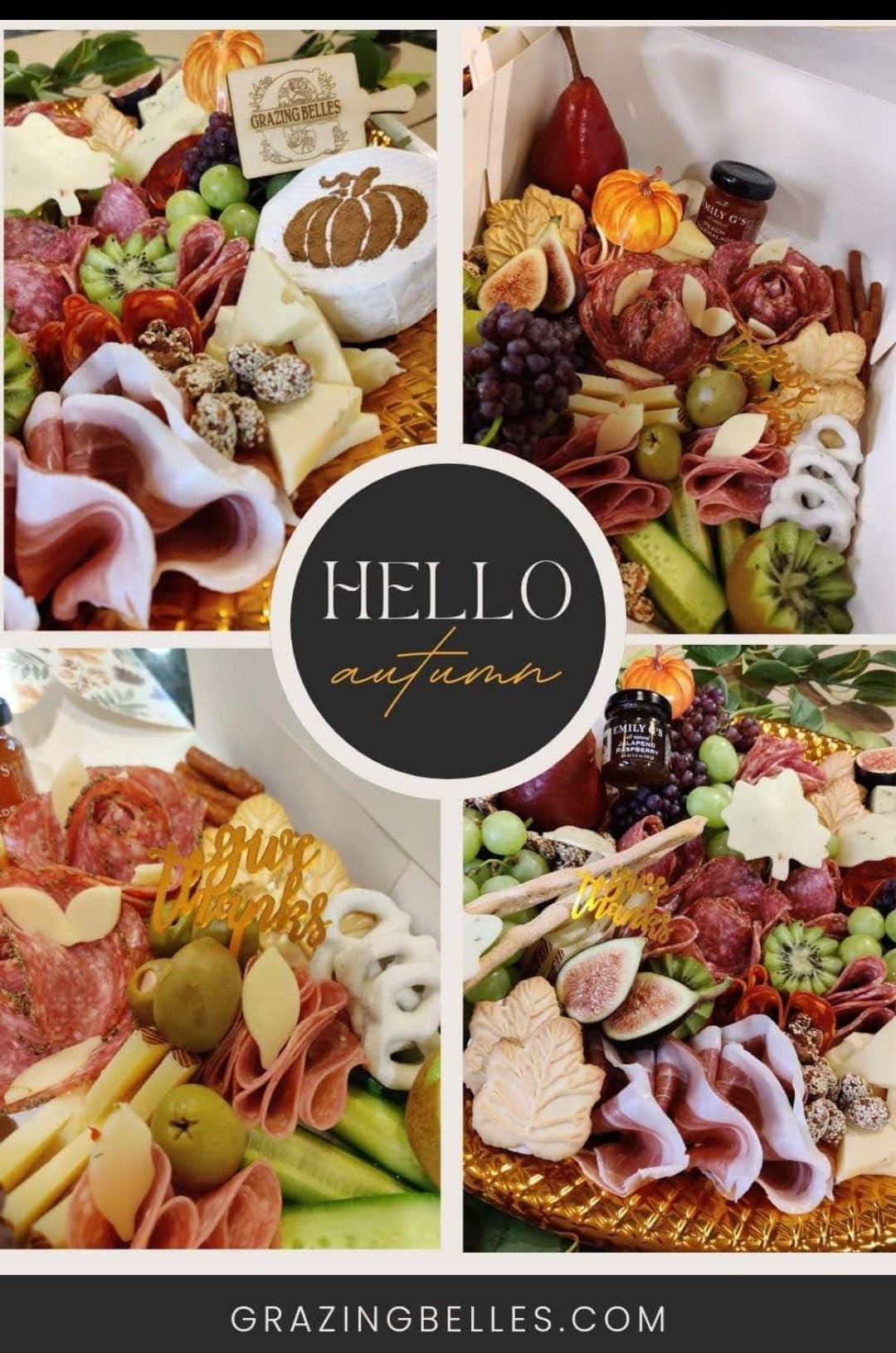Autumn themed charcuterie boards with seasonal fruits, meats, and fall decor.