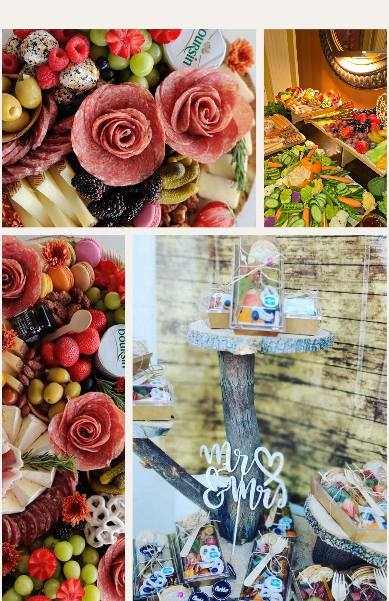 Handcrafted charcuterie boards with meat roses, cheeses, and fresh fruit for catering events.