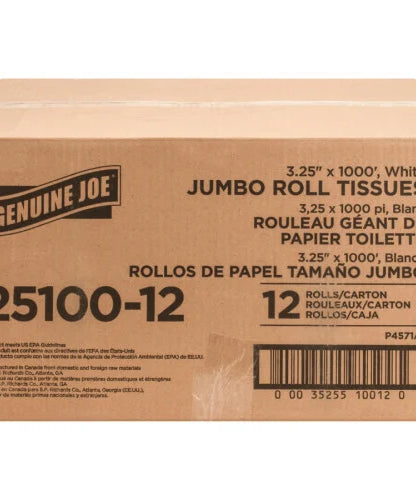 Genuine Joe® Jumbo Toilet Paper, 2-Ply, 1,000-ft., 12 Rolls 2 Ply - 3.25" Width x 1000 ft Length - 9" Roll Diameter - 3 19/64" Core - White - 12 / Carton (GJO2510012)