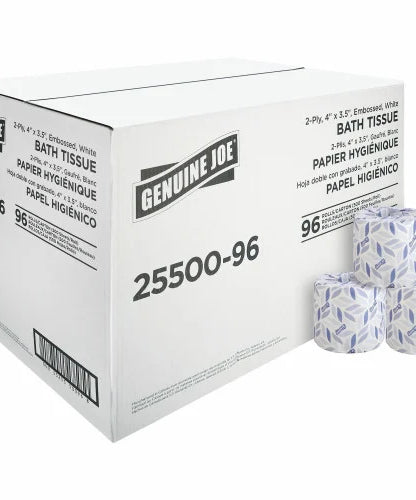 Genuine Joe® Standard Toilet Paper, 2-Ply, 500 Sheets, 96 Rolls 2 Ply - 4" Width x 3.20" Length - 500 Sheets/Roll - 1 5/8" Core - White - 96 Box (GJO2550096)