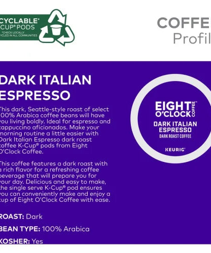 Eight O'Clock® K-Cup Dark Italian Espresso Coffee Compatible with Keurig Brewer - Dark - K-Cup - Italian Roast, Arabica - 24 / Box (0631)