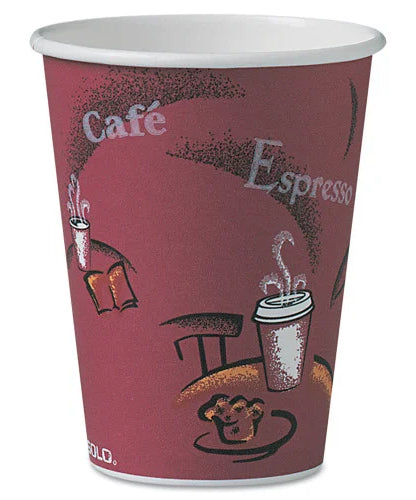 SOLO Paper Hot Drink Cups in Bistro Design, 12 oz, Maroon, 300/Carton (OF12BI0041) - Grazingbelles