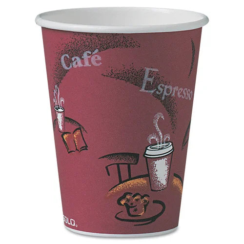 SOLO Paper Hot Drink Cups in Bistro Design, 12 oz, Maroon, 300/Carton (OF12BI0041) - Grazingbelles