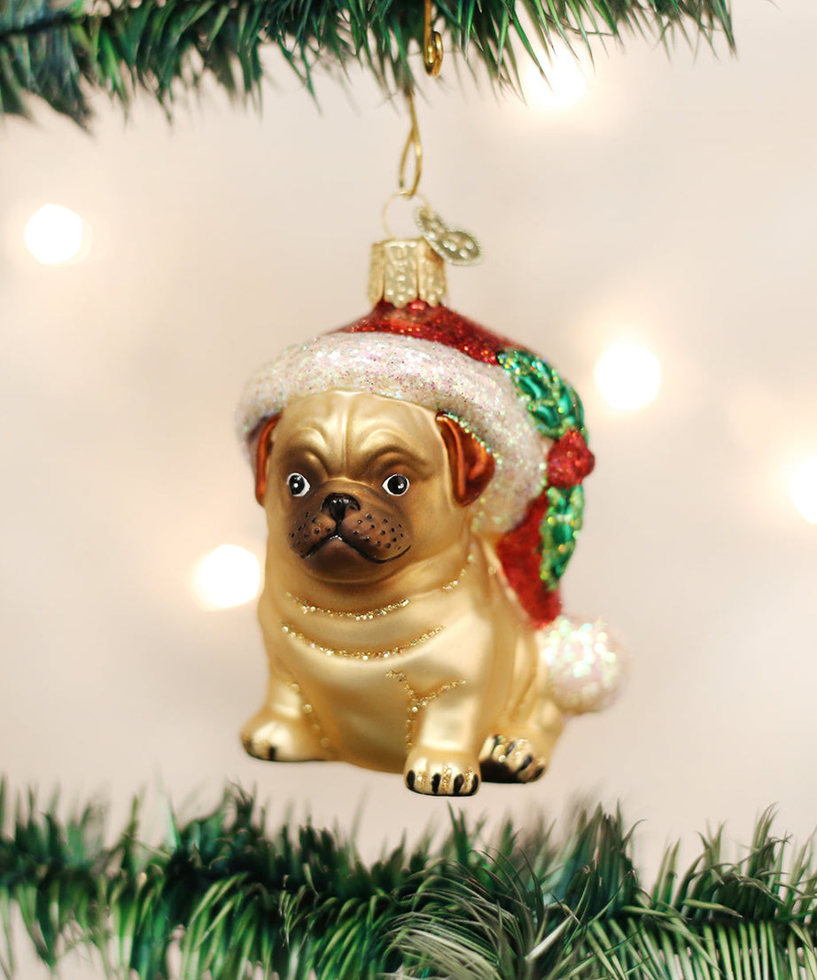 Holly Hat Pug Ornament