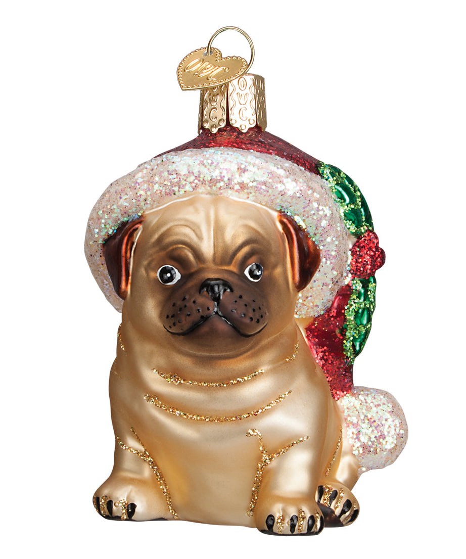 Holly Hat Pug Ornament