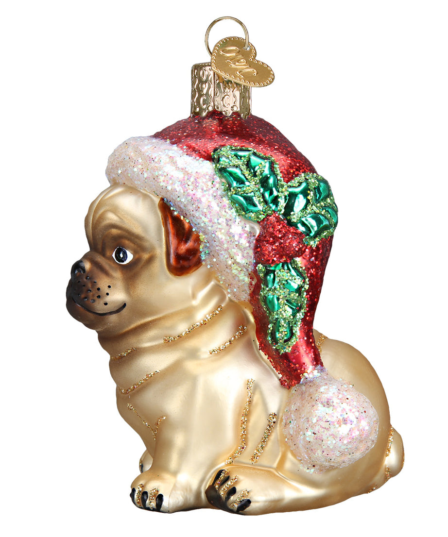 Holly Hat Pug Ornament