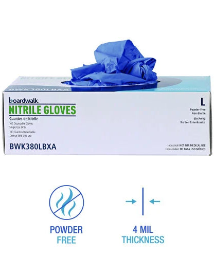Boardwalk® Disposable Nitrile Gloves, Large, Blue, 4 mil, 100/Box (BWK380LBXA) - Grazingbelles