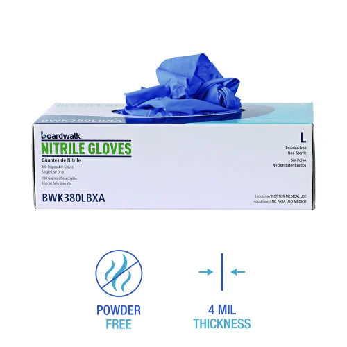 Boardwalk® Disposable Nitrile Gloves, Large, Blue, 4 mil, 100/Box (BWK380LBXA) - Grazingbelles