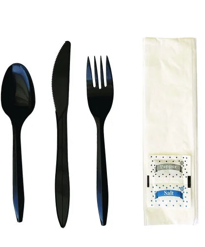 Boardwalk Six-Piece Cutlery Kit, Fork/Knife/Napkin/Pepper/Salt/Spoon, Black, 250/Carton (BWKCOMBO6KIT)
