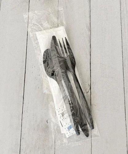 Boardwalk Six-Piece Cutlery Kit, Fork/Knife/Napkin/Pepper/Salt/Spoon, Black, 250/Carton (BWKCOMBO6KIT)
