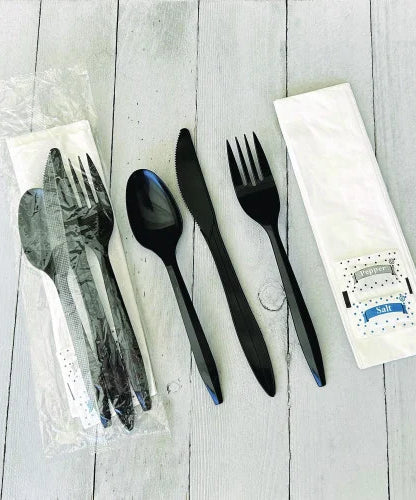Boardwalk Six-Piece Cutlery Kit, Fork/Knife/Napkin/Pepper/Salt/Spoon, Black, 250/Carton (BWKCOMBO6KIT)