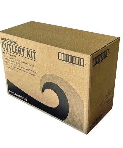 Boardwalk Six-Piece Cutlery Kit, Fork/Knife/Napkin/Pepper/Salt/Spoon, Black, 250/Carton (BWKCOMBO6KIT)