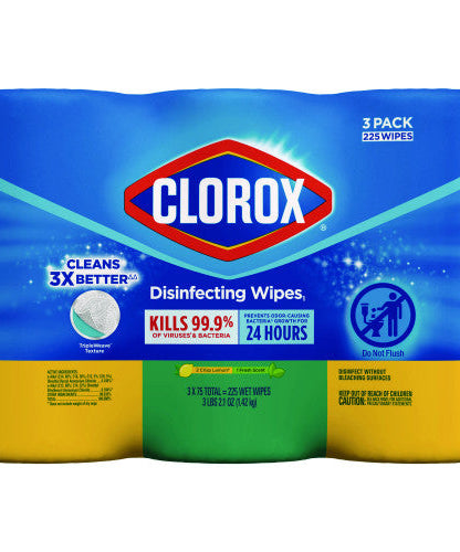 Clorox Disinfecting Wipes, 1-Ply, 7 x 8, Fresh Scent/Citrus Blend, White, 75/Canister, 3 Canisters/Pack (30208PK) - Grazingbelles