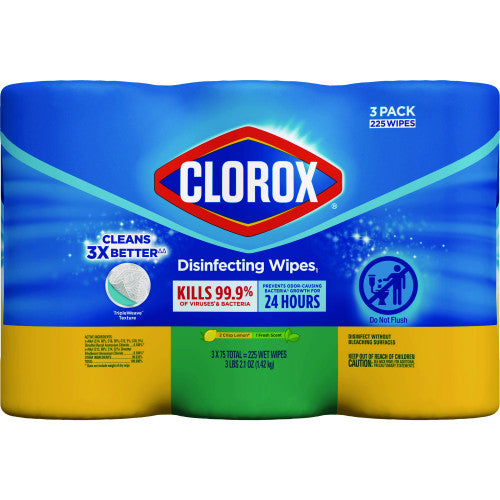 Clorox Disinfecting Wipes, 1-Ply, 7 x 8, Fresh Scent/Citrus Blend, White, 75/Canister, 3 Canisters/Pack (30208PK) - Grazingbelles