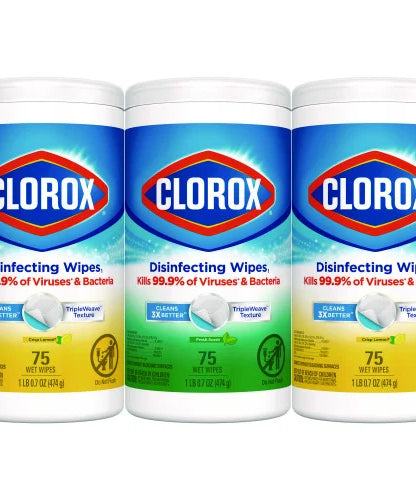 Clorox Disinfecting Wipes, 1-Ply, 7 x 8, Fresh Scent/Citrus Blend, White, 75/Canister, 3 Canisters/Pack (30208PK) - Grazingbelles