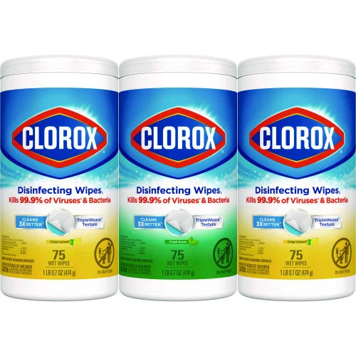 Clorox Disinfecting Wipes, 1-Ply, 7 x 8, Fresh Scent/Citrus Blend, White, 75/Canister, 3 Canisters/Pack (30208PK) - Grazingbelles