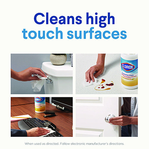 Clorox Disinfecting Wipes, 1-Ply, 7 x 7.75, Crisp Lemon, White, 75/Canister, 6 Canisters/Carton (01628)