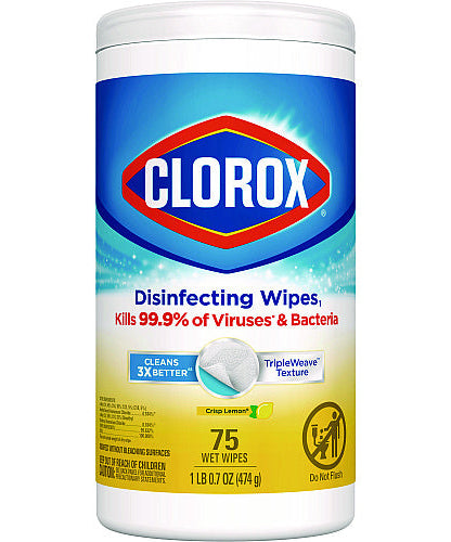 Clorox Disinfecting Wipes, 1-Ply, 7 x 7.75, Crisp Lemon, White, 75/Canister, 6 Canisters/Carton (01628)