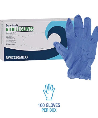 Boardwalk® Disposable Nitrile Gloves, Medium, Blue, 4 mil, 100/BX (BWK380MBXA)
