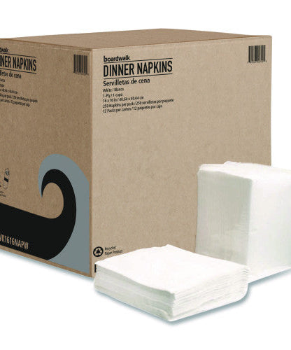 Boardwalk Dinner Napkins, 1-Ply, 16" x 16", White, 250/Pack, 12 Packs/Carton (1616NAPW)