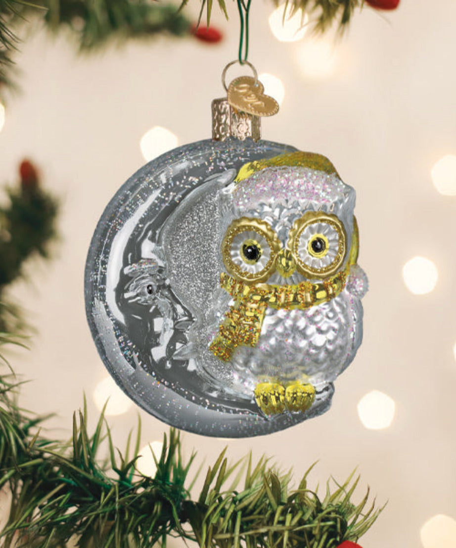 Sterling Snow Owl On Moon Ornament