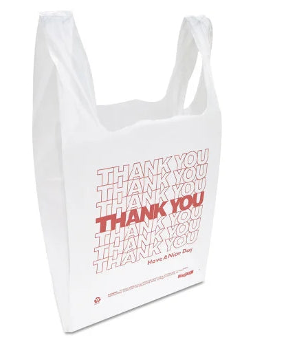 Inteplast Group "Thank You" Handled T-Shirt Bag, Have a Nice Day Labeling, Cut-Out Handles, 11.5" x 6.5" x 21", White/Red, 900/Carton (THW1VAL)