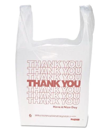 Inteplast Group "Thank You" Handled T-Shirt Bag, Have a Nice Day Labeling, Cut-Out Handles, 11.5" x 6.5" x 21", White/Red, 900/Carton (THW1VAL)