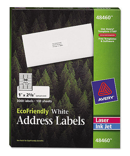 Avery EcoFriendly Mailing Labels, Inkjet/Laser Printers, 1 x 2.63, White, 30/Sheet, 100 Sheets/Pack (48460) - Grazingbelles