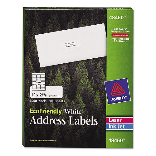 Avery EcoFriendly Mailing Labels, Inkjet/Laser Printers, 1 x 2.63, White, 30/Sheet, 100 Sheets/Pack (48460) - Grazingbelles