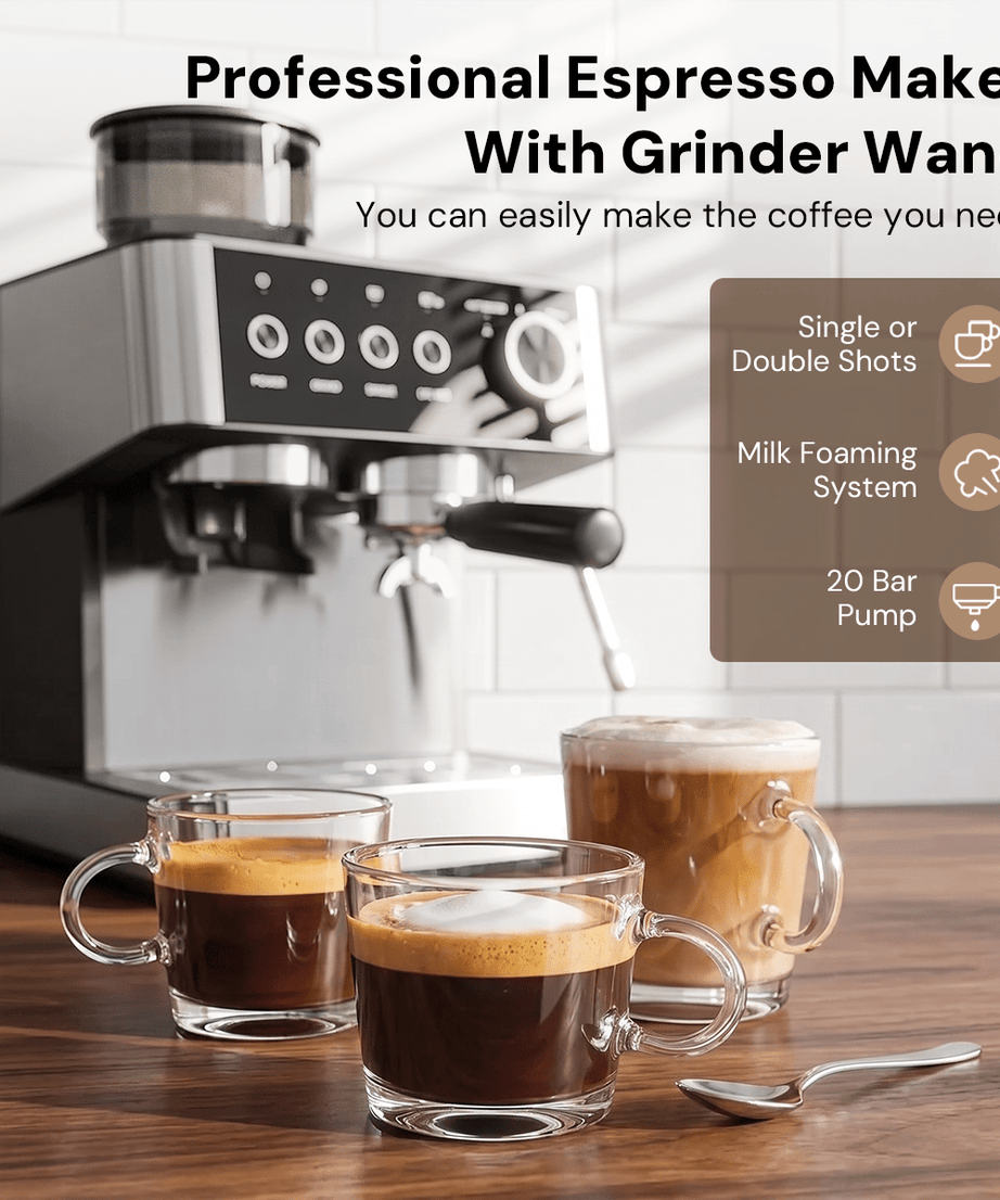 Kismile Espresso Machine, Semi-Automatic Coffee Maker with Bean Grinder and Milk Frother Steam Wand - Grazingbelles