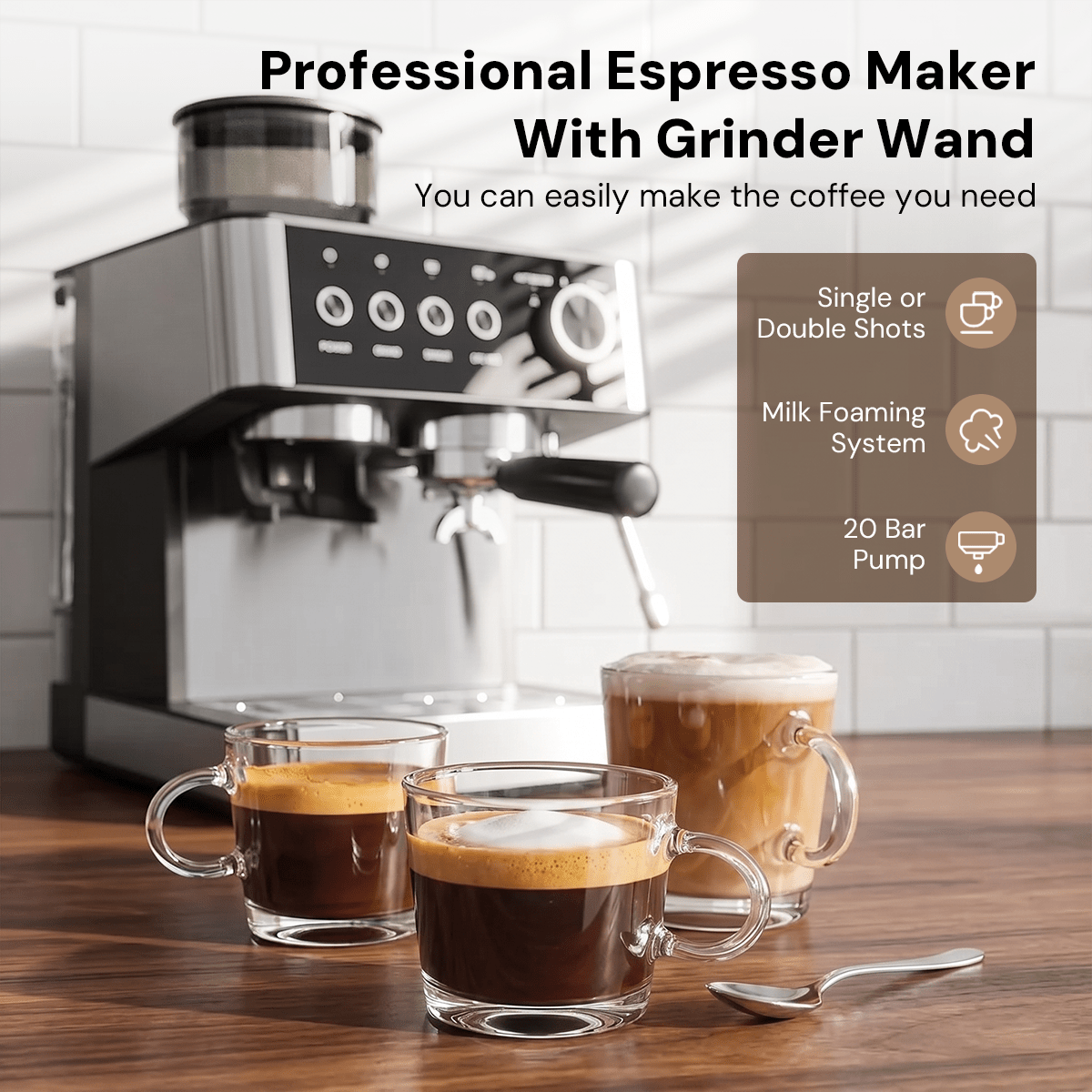 Kismile Espresso Machine, Semi-Automatic Coffee Maker with Bean Grinder and Milk Frother Steam Wand - Grazingbelles
