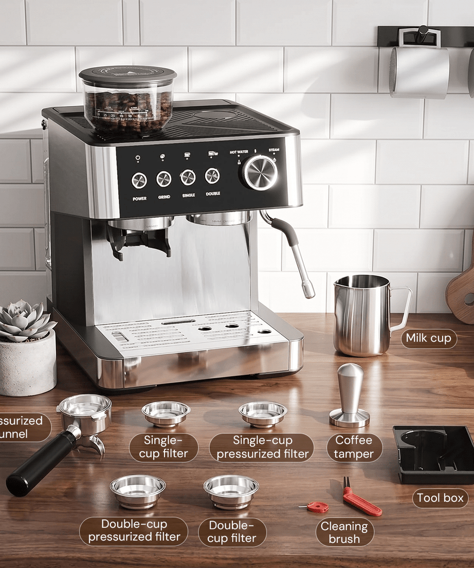 Kismile Espresso Machine, Semi-Automatic Coffee Maker with Bean Grinder and Milk Frother Steam Wand - Grazingbelles