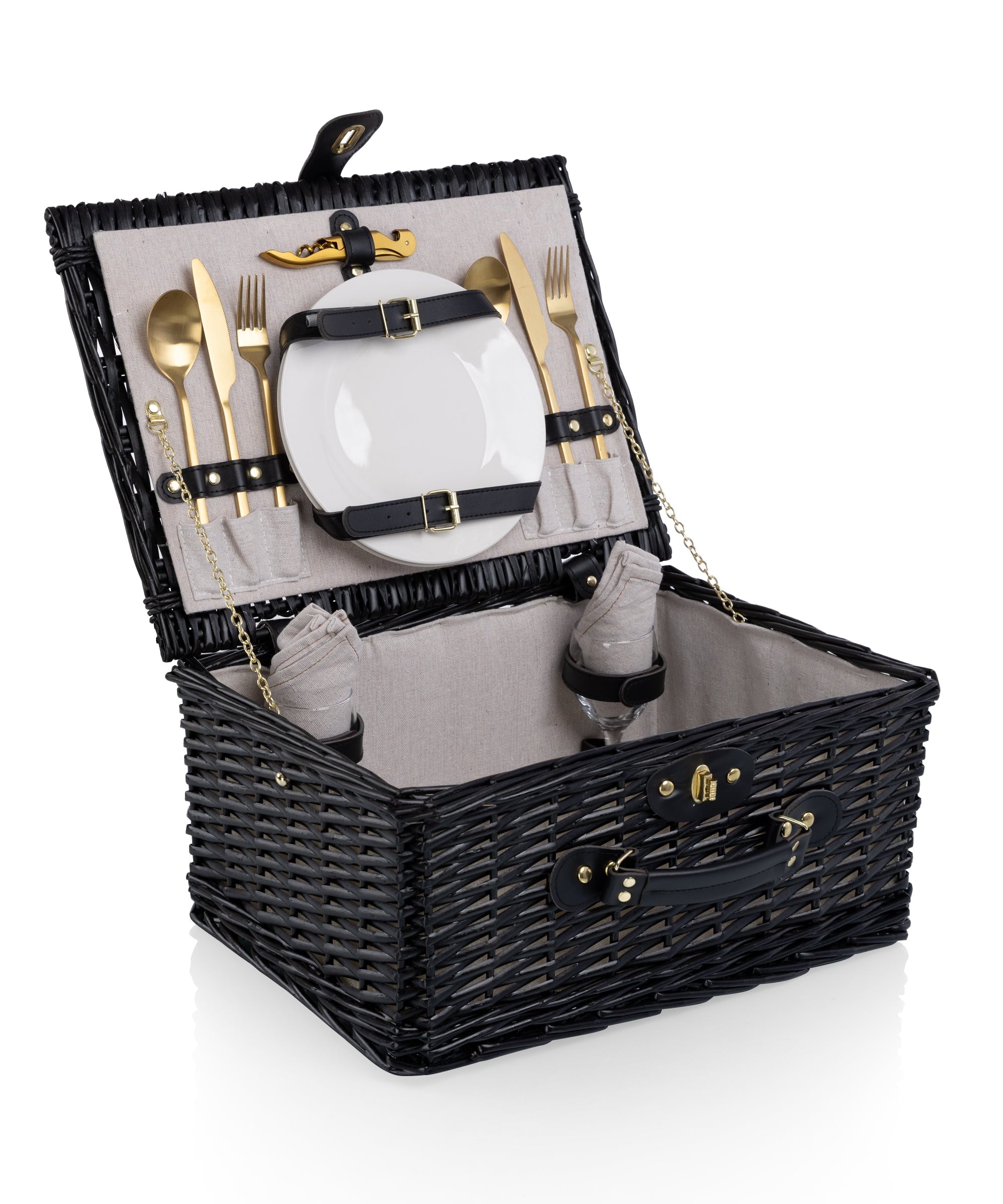 Picnic Basket Set for 2, Black Willow with Beige Accents