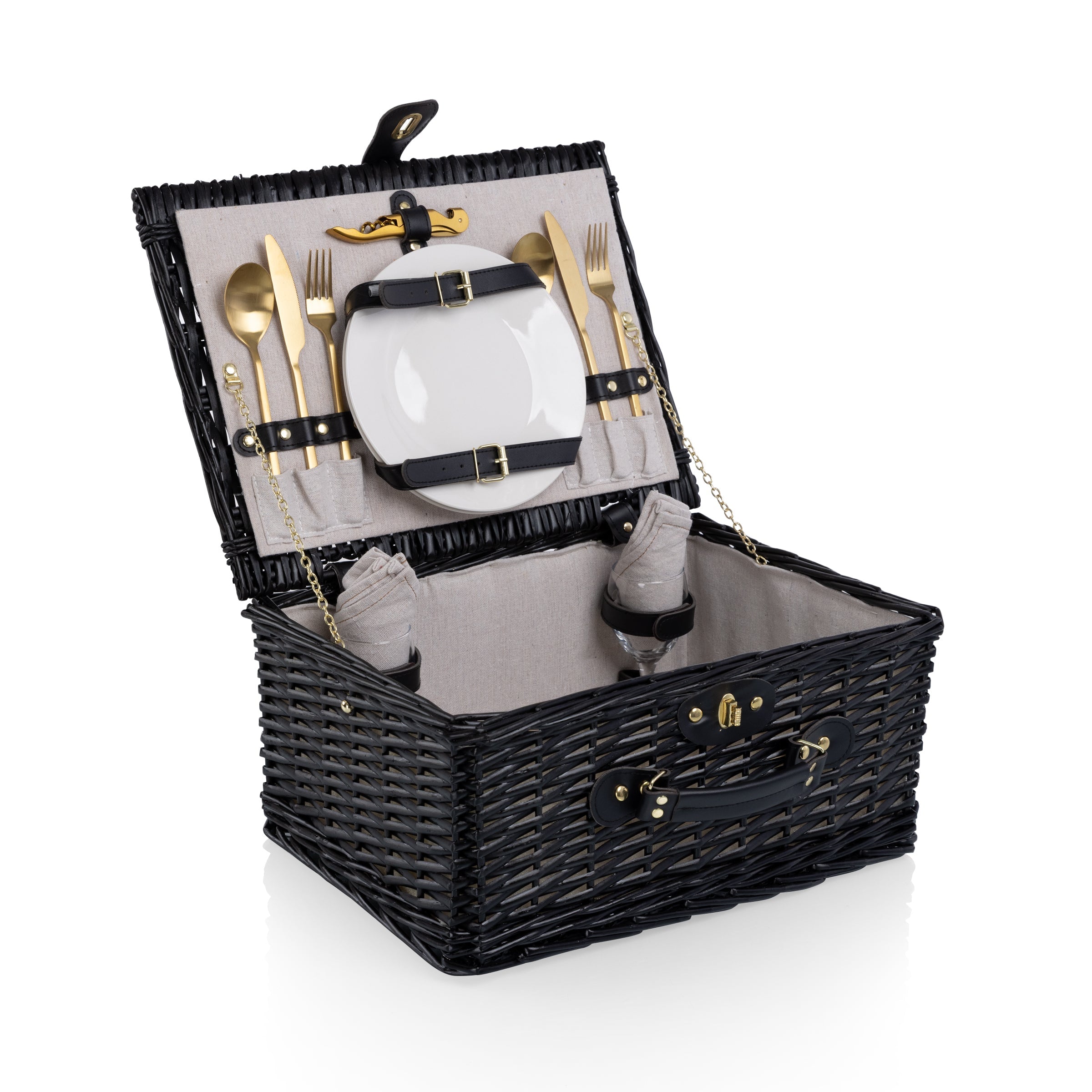 Picnic Basket Set for 2, Black Willow with Beige Accents