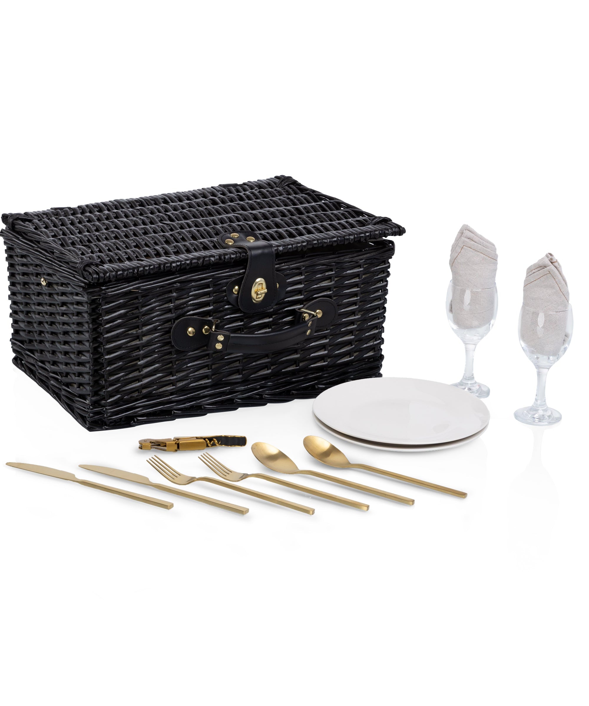 Picnic Basket Set for 2, Black Willow with Beige Accents