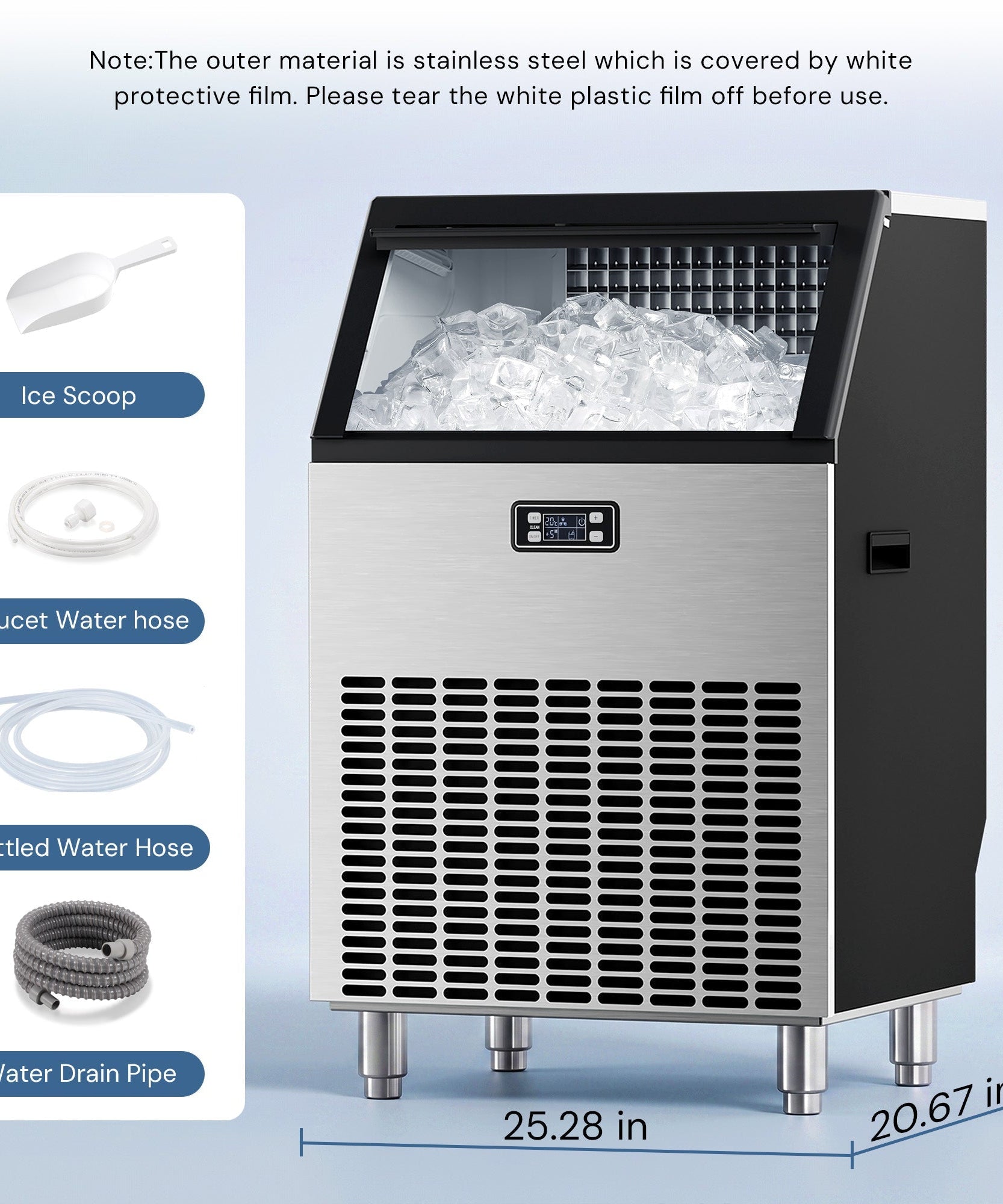 Commercial Ice Maker, Freestanding Square Ice Cube Maker 265lbs/24h, 55lbs Storage Bin, Full Heavy Duty Stainless Steel Construction