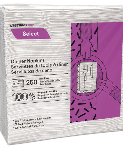 Cascades Select Dinner Napkins, 1-Ply, White, 15.5 x 16, 250/Pack, 12/Carton (N050)