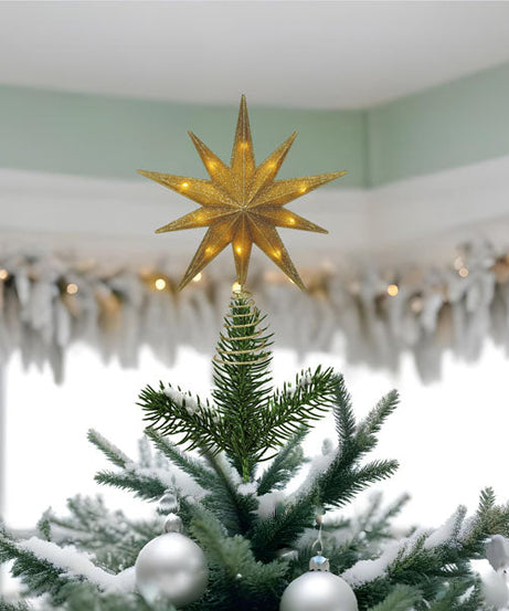 12" Lit Gold Glitter Star Tree Topper