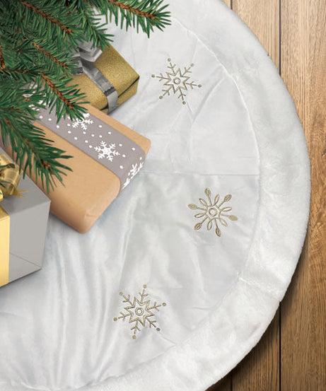 48" Ivory Snowflake Embroidered Tree Skirt with  Faux Fur Trim