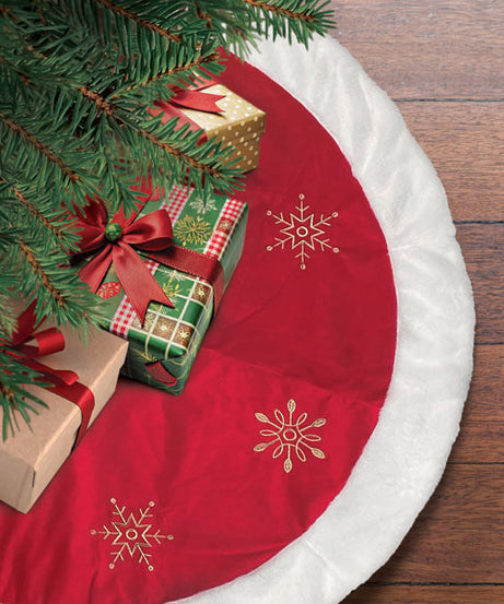 48" Red Snowflake Embroidered Tree Skirt With Faux Fur Trim
