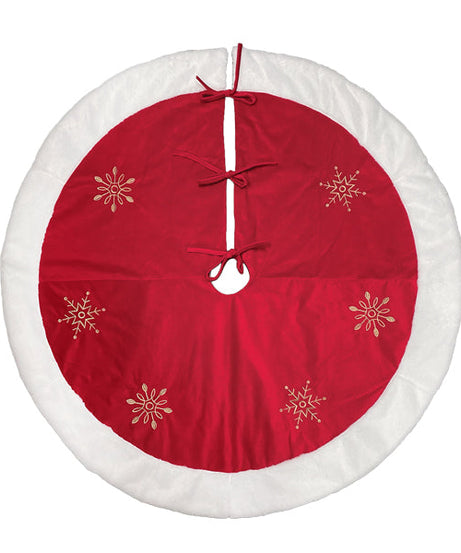 48" Red Snowflake Embroidered Tree Skirt With Faux Fur Trim