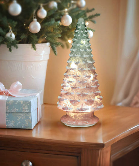 14" Lit Pink Glass Tabletop Tree