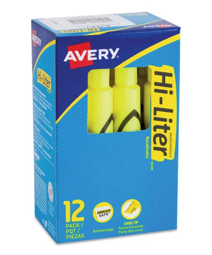Avery HI-LITER Desk-Style Highlighters, Fluorescent Yellow Ink, Chisel Tip, Yellow/Black Barrel, Dozen (24000) - Grazingbelles