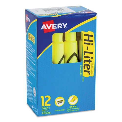 Avery HI-LITER Desk-Style Highlighters, Fluorescent Yellow Ink, Chisel Tip, Yellow/Black Barrel, Dozen (24000) - Grazingbelles
