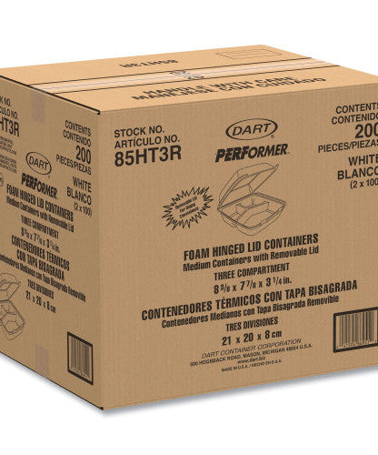 Dart Foam Hinged Lid Containers, 3-Compartment, 8.38 x 7.78 x 3.25, 200/Carton (85HT3R) - Grazingbelles