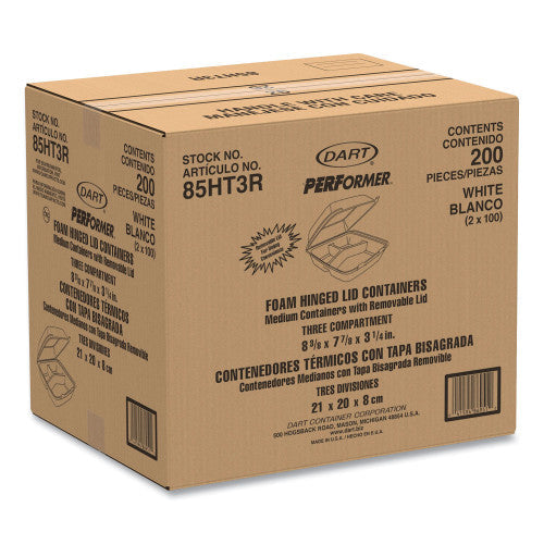 Dart Foam Hinged Lid Containers, 3-Compartment, 8.38 x 7.78 x 3.25, 200/Carton (85HT3R) - Grazingbelles