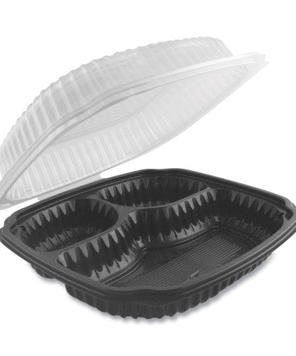 Anchor Packaging Culinary Lites Microwavable 3-Compartment Container, 20 oz/5 oz/ 5 oz, 9 x 9 x 3.13, Clear/Black, Plastic, 100/Carton (4699931)