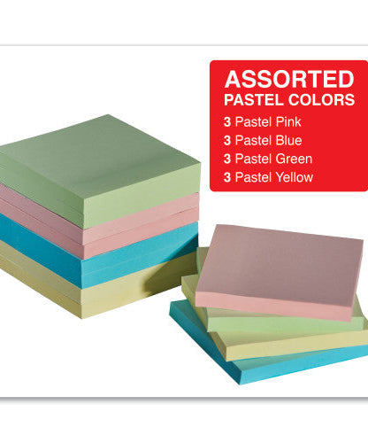 Universal Self-Stick Note Pads, 3" x 3", Assorted Pastel Colors, 100 Sheets/Pad, 12 Pads/Pack (UNV35669) - Grazingbelles
