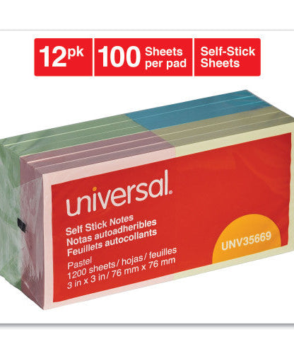 Universal Self-Stick Note Pads, 3" x 3", Assorted Pastel Colors, 100 Sheets/Pad, 12 Pads/Pack (UNV35669) - Grazingbelles