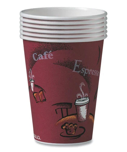 SOLO Paper Hot Drink Cups in Bistro Design, 12 oz, Maroon, 300/Carton (OF12BI0041) - Grazingbelles